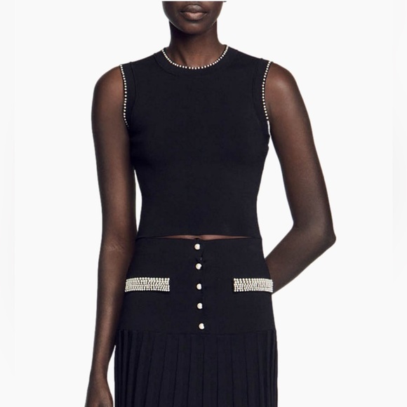 NWOT Sandro Gild Faux Pearl Embellished Knit Top--missing a few pearls (armhole) - Picture 7 of 11